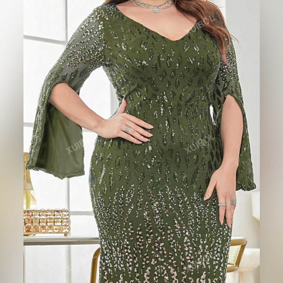 SHEIN Plus Sequin Women Elegant V Neck Split Sleeve Mermaid Formal Evening Dress - Picture 2 of 12